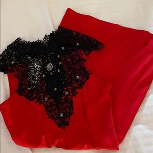 Red cocktail dress with black lace